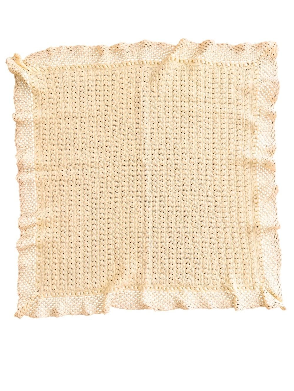 Vintage Yellow Crochet Baby Blanket Satin Ribbon Ruffle Heirloom Christening